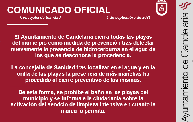 Comunicado oficial del Ayuntamiento de Candelaria del cierre de las playas del municipio Comunicado oficial del Ayuntamiento de Candelaria del cierre de las playas del municipio