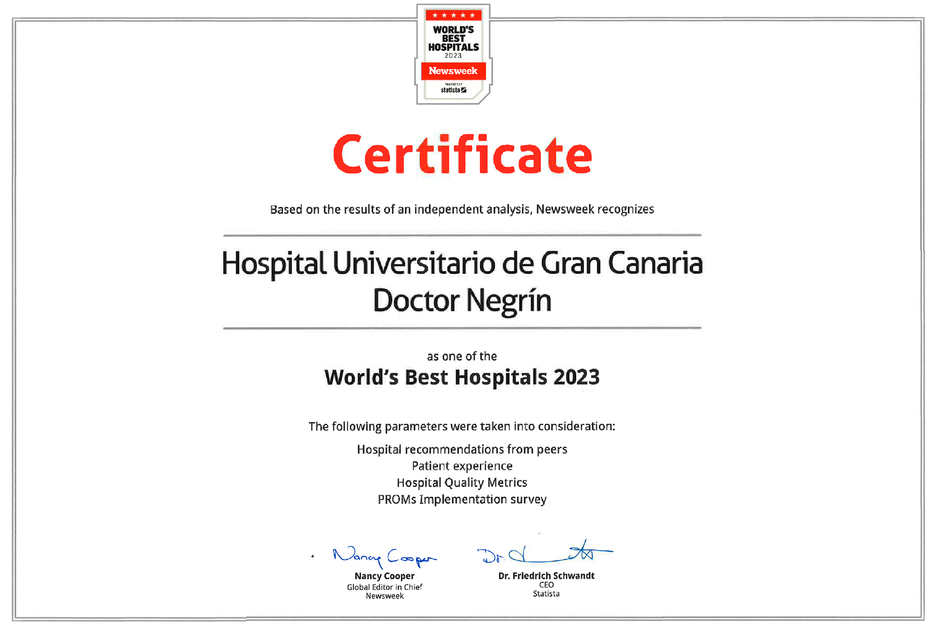 Certificado de Newsweek World’s Best Hospitals 2023