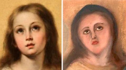 Inmaculada de Murillo junto al primer intento de restauración de la obra Inmaculada de Murillo a la izquierda, junto al primer intento de restauración de la obra