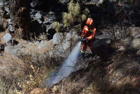 Bombero extinguiendo fuego en el incendio forestal de Garafía. La Palma