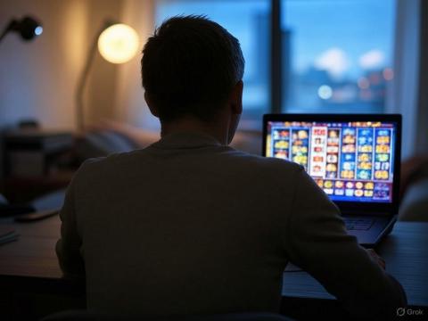 Foto creada con IA Hombre de espalda con ordenador jugando a casinos